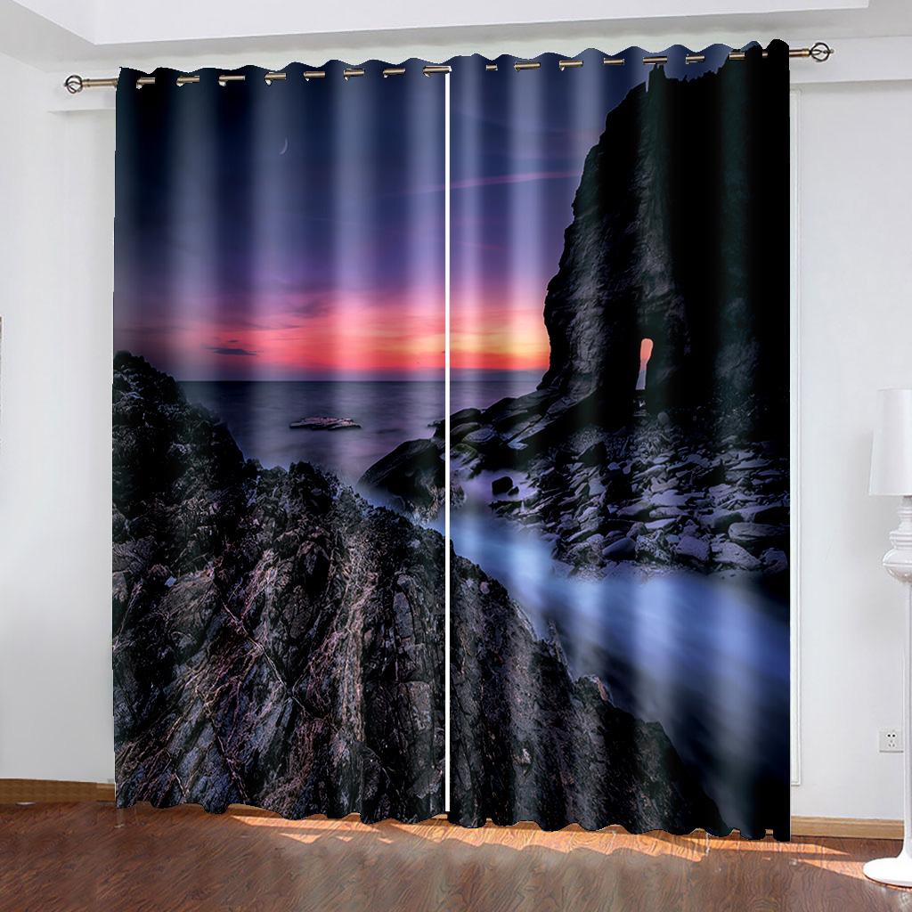Evening Sea Island Iceberg City Landscape Curtain, Home Bedroom Living Room Shade Curtain, a Set of Two Pieces