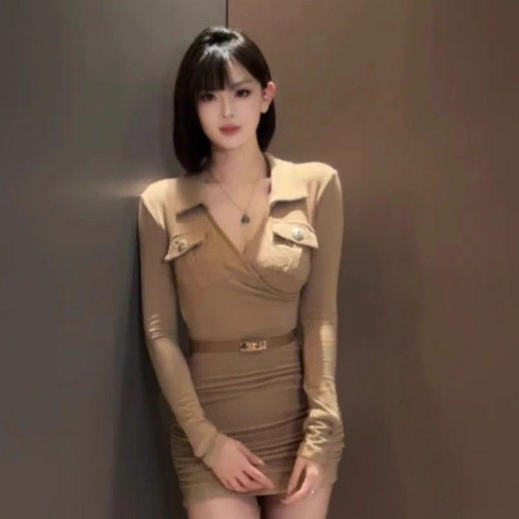 

Elegant Long Sleeve Pleated Dress - Slimming Waist Design for Women S (recommended 80-90 jin)