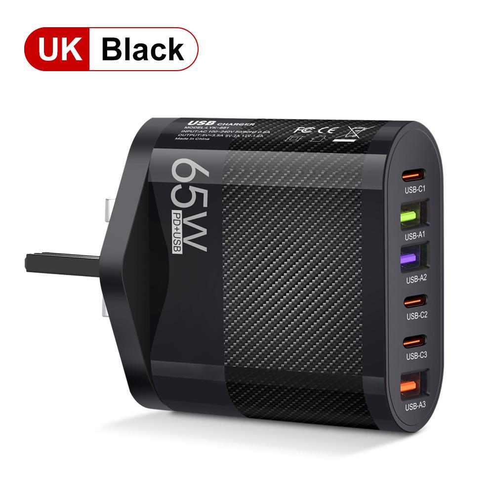 

65W Multi-port Charger with 3 USB & 3 Type-C Ports, Compatible with EU, US, UK Plugs