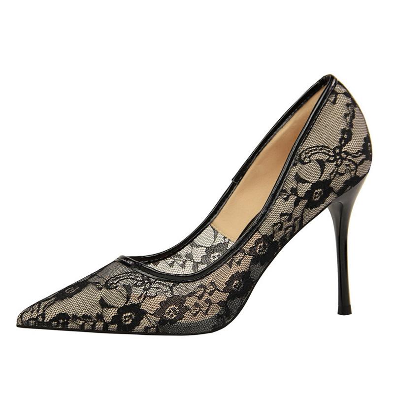 2026 Black Flower Lace Mesh Pumps Women Pointed Toe Shallow Fashion Party Single Shoes Show Thin High Heel Office Shoes
