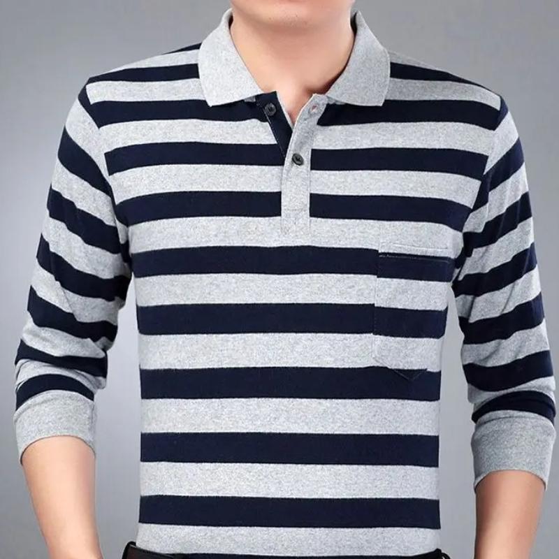 Camisas polo listradas masculinas da moda, novas camisas polo coreanas para negócios, primavera/outono, casuais, manga comprida, bolsos na lapela, roupas masculinas, tops de algodão, 2025