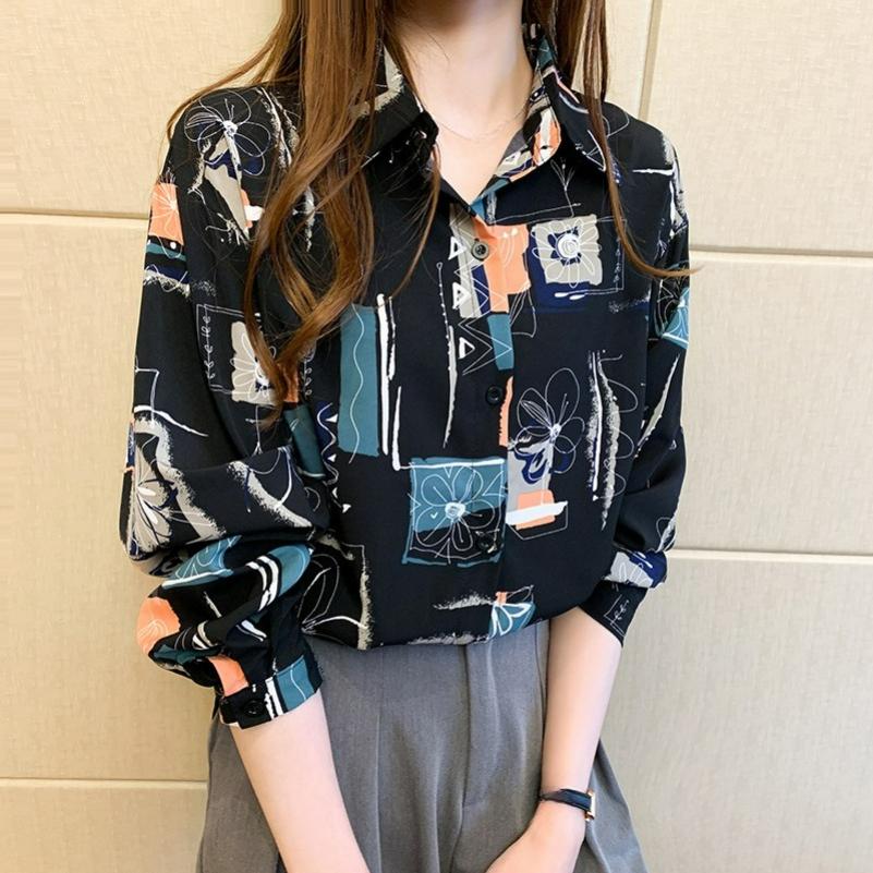 Retro Hong Kong Style Temperament Chiffon Long-sleeved Printed Shirt Women's Blouse Popular Loose Design Sense Niche