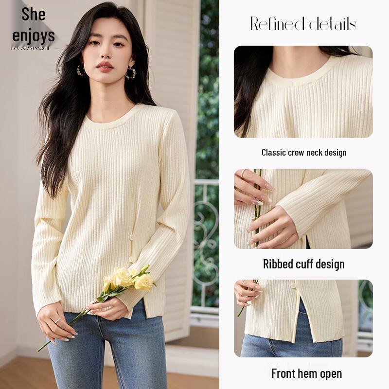 Women's Round Neck Knit Sweater with Slit Hem
