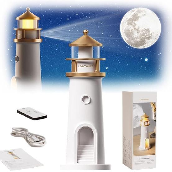 Lighthouse Moon Lamp Projector, LED Night Light with Remote Control, Lunar Projection, Adjustable Brightness, Timer, and Bluetooth Speaker for