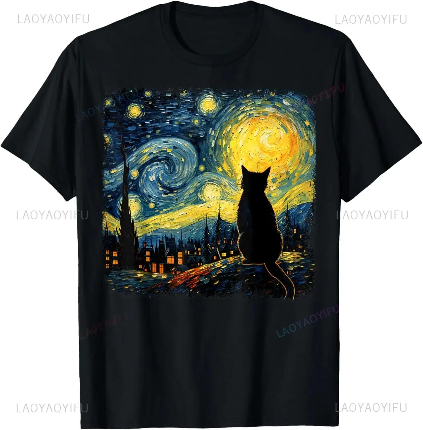 Cat Starry Night Van Gogh Cat for Cat Lover TShirt Casual Fashion Streetwear Loose Summer Style Unisex Tshirt Cute Aesthetics Tees S