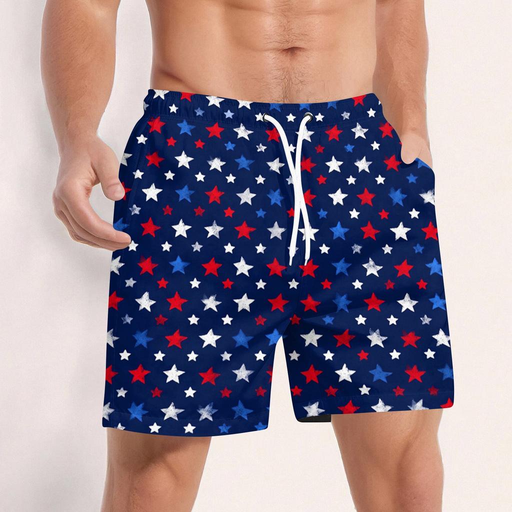 Men Swim Trunks Quick Dry Board Shorts with Drawstring Waistband Mesh and Side Pockets USA Flag Print Beachwear