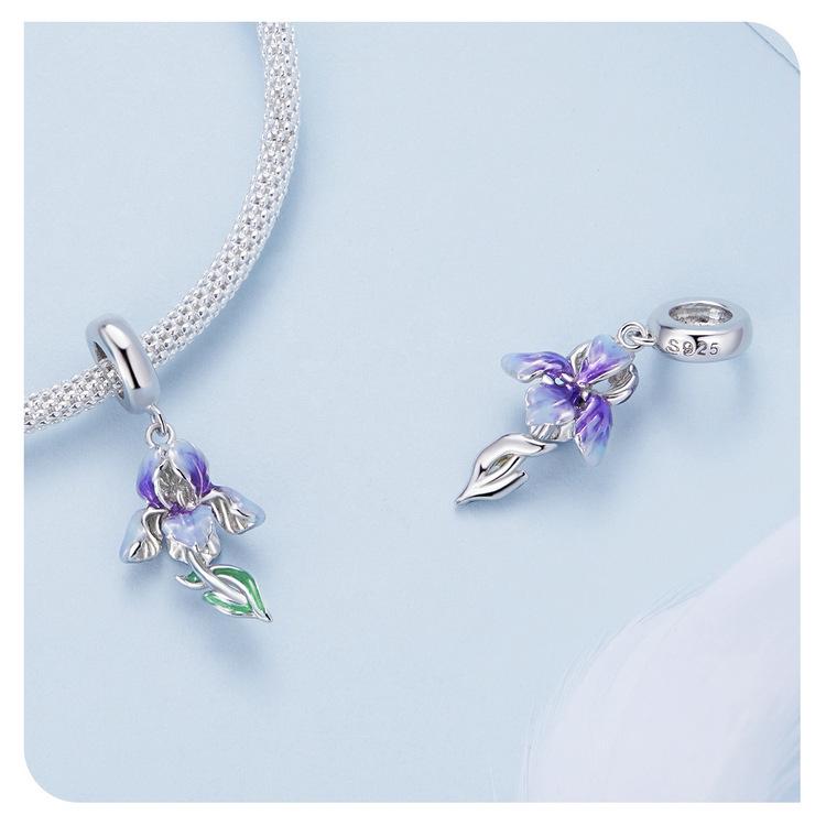 Silver Iris Gradient Oil Drip Pendant & S925 Sterling Flower Bracelet Beads