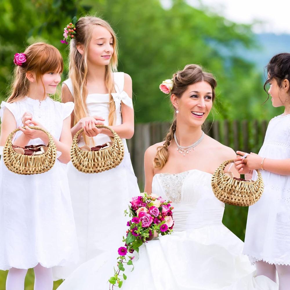 2pcs Rattan Flower Girl Basket Small Half Moon Straw Wicker Basket with Handle Ideal for Wedding Flower Girl Picnic Garden Storage and Home Decor