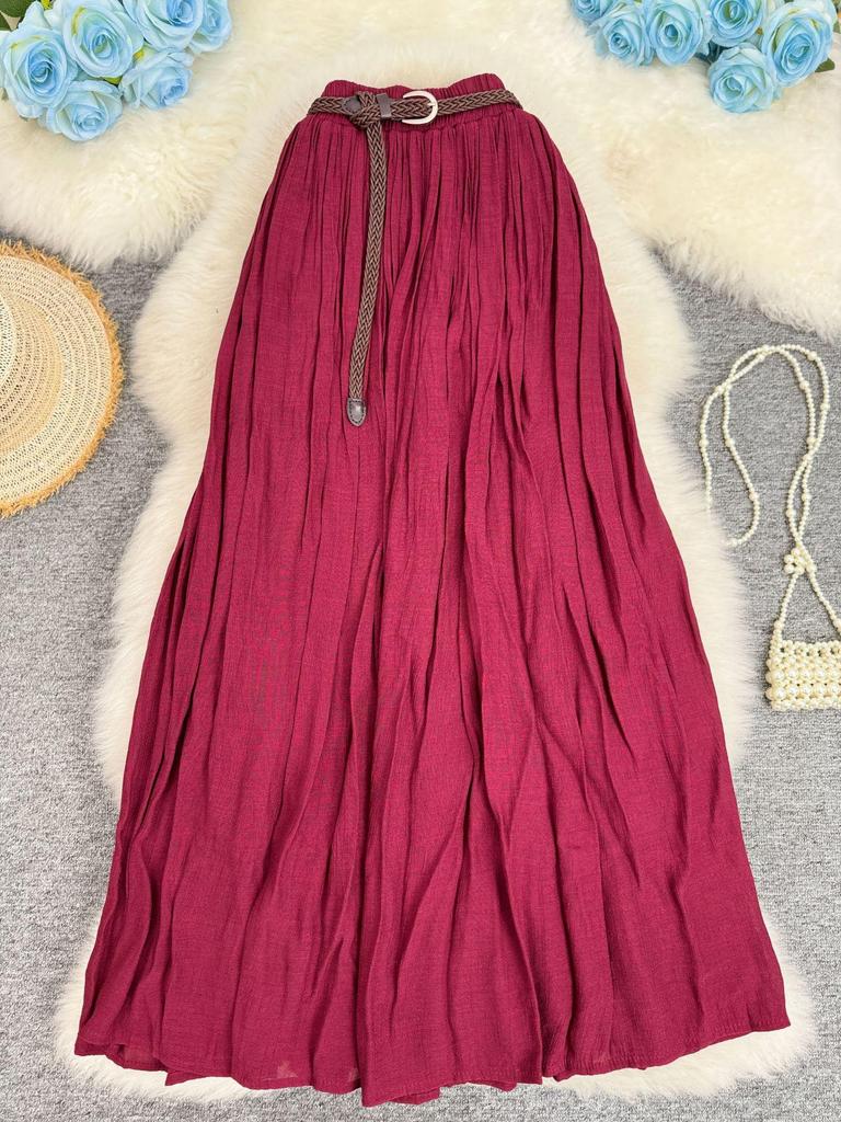 European & American A-line Pleated Cotton Linen Skirt with Elastic Waist - Mid-Length, Versatile, Women's