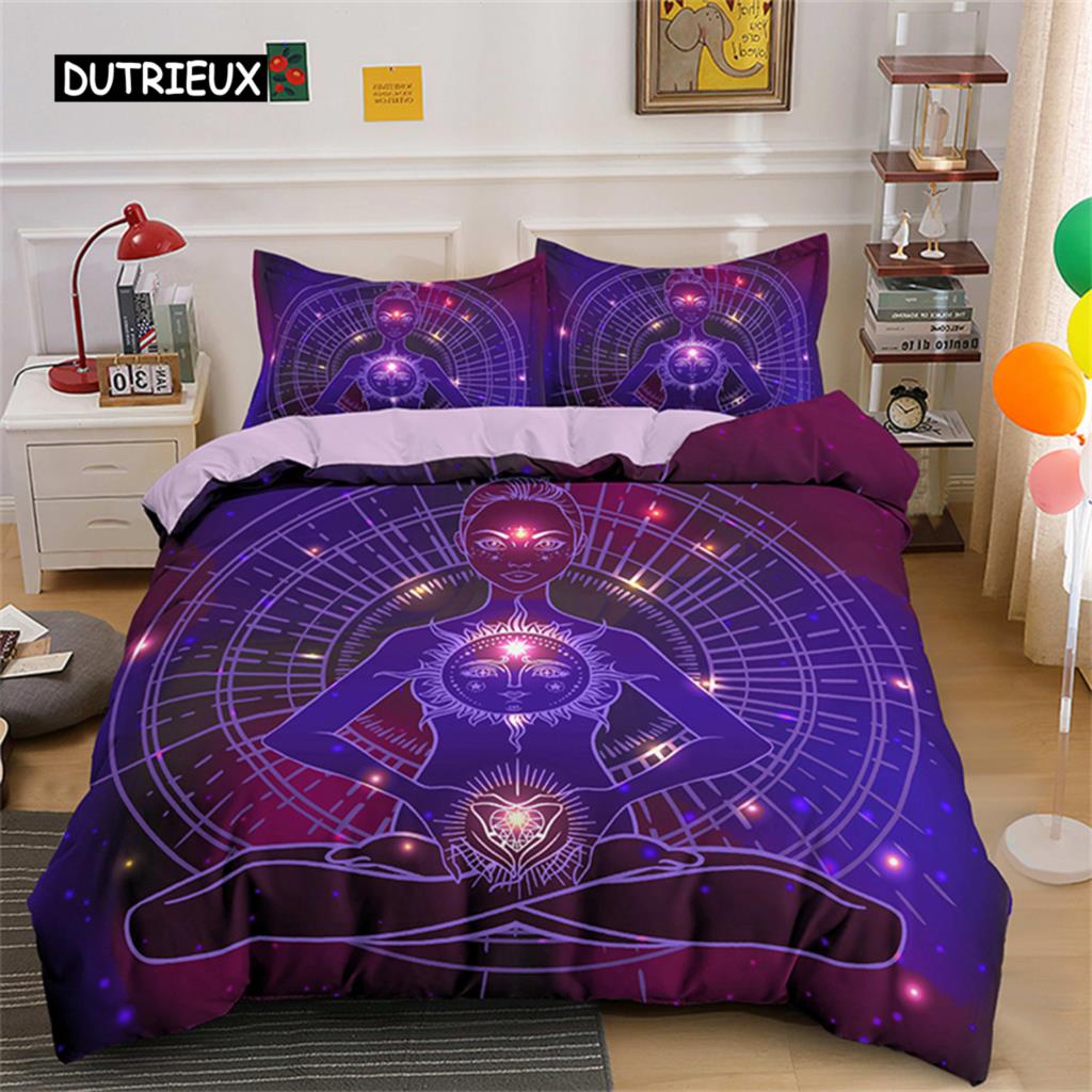Gold Meditation Bedding Sets Comforter Covers Yoga Buddha Duvet Cover Set with Pillowcase Mystery Theme for Bedroom Decoration