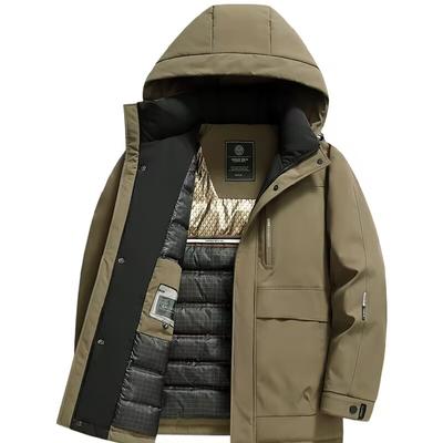 Mens Khaki Down Jacket For Men Detachable Hood Winter Hiking Puffer Coat Warm Outdoor Mountaineering Parka Cold Weather Coat