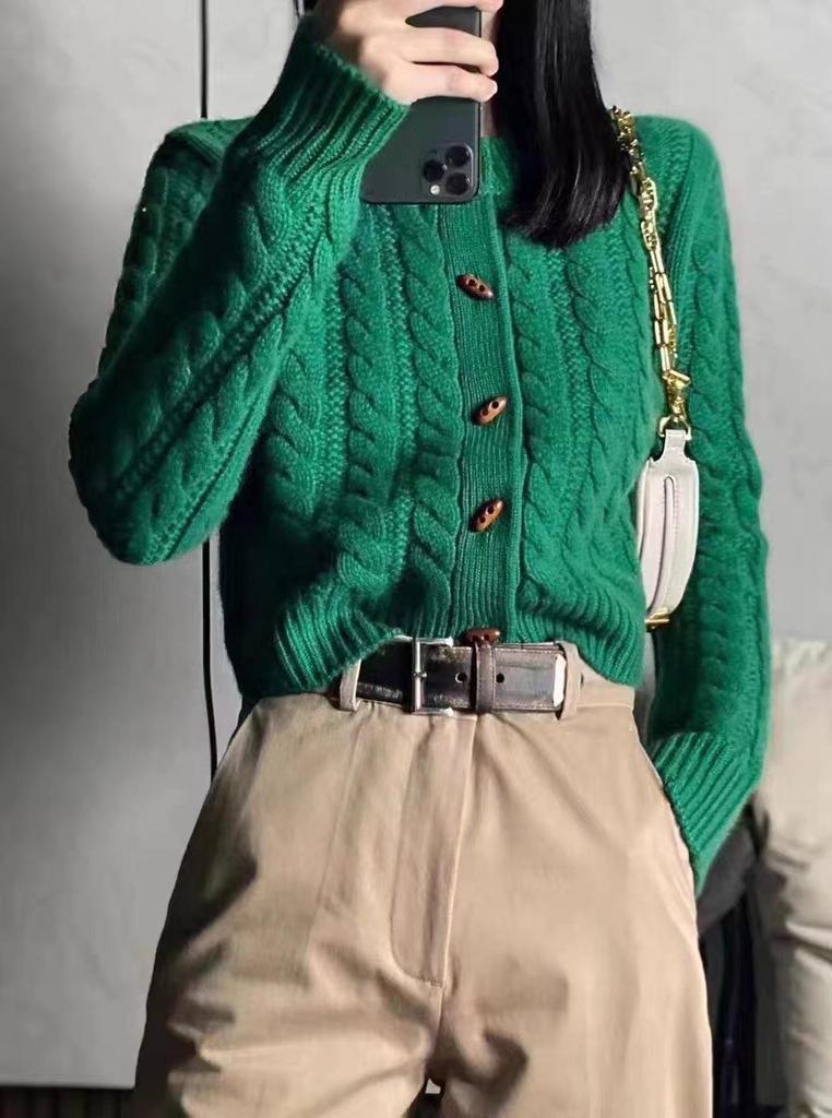 Women's Wool Cable Knit Cardigan Sweater - Autumn/Winter High-Waisted with Horn Button