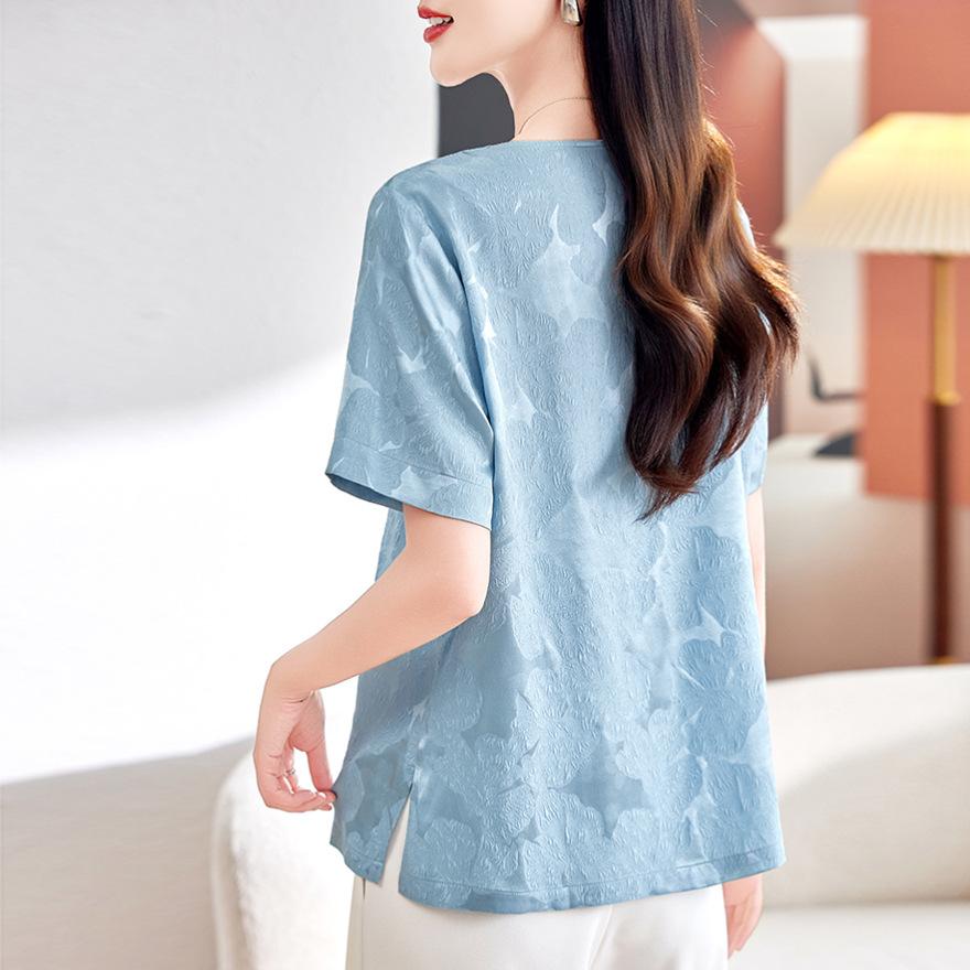 Silk Crown Music Crepe Short-sleeved T-shirt Women's Summer New Round Neck Loose Fashion Jacquard Mulberry Silk Shirt Top