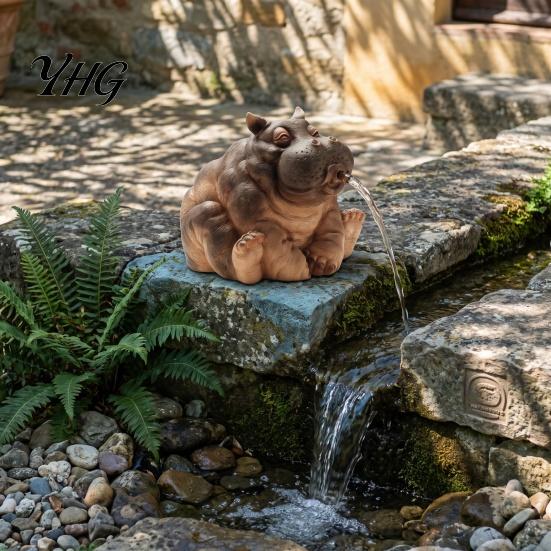 Resin Hippo Figurine Water Spitting Hippopotamus Figurine, Realistic Statue, Animal Sculpture Fountain for Garden Pond Pool Decoration Decorative
