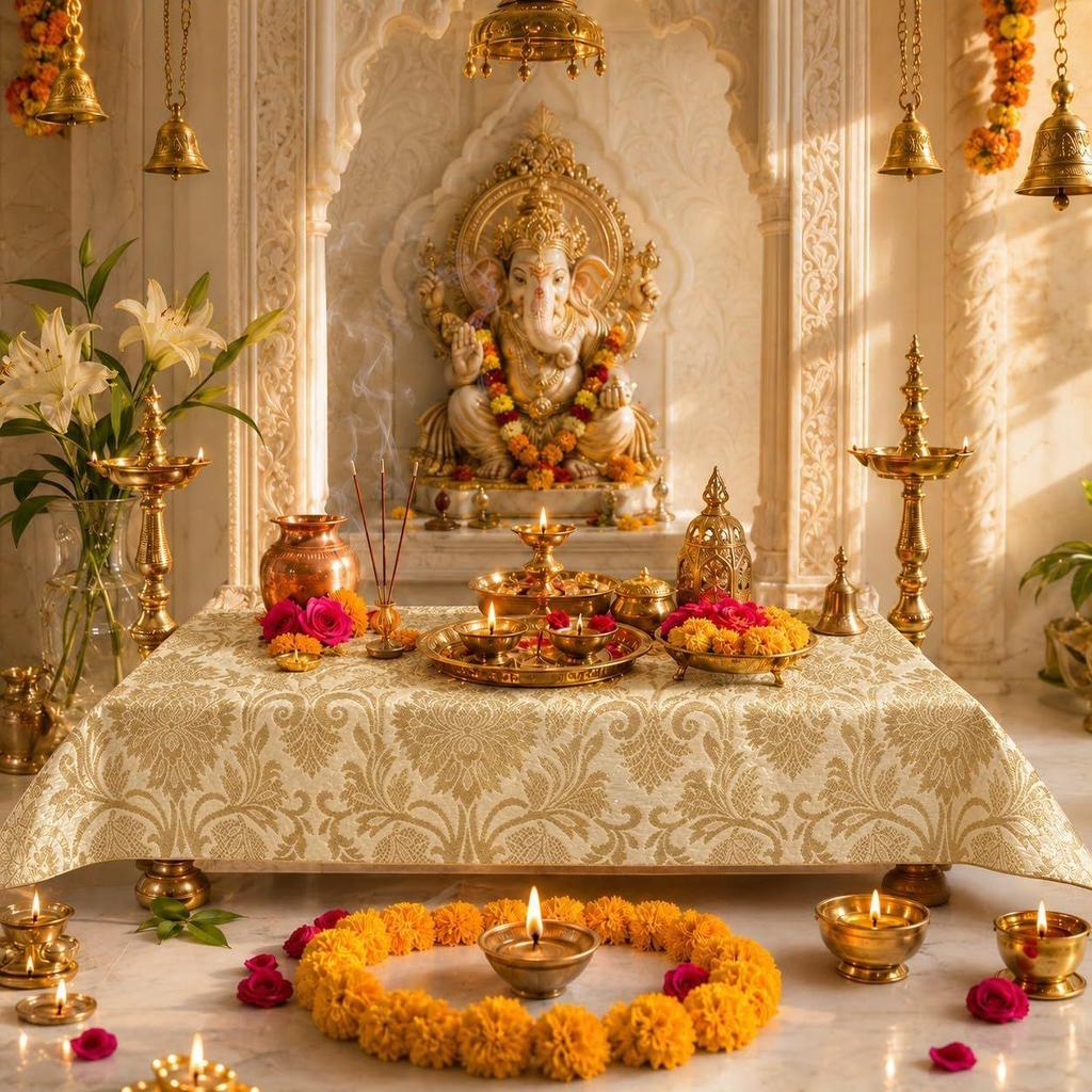 Ivory Brocade Silk Luxurious Rectangular Chowki Cover 18x24 Inches | Puja Chowki, Bajot, Patiya, Peedha,Ganpati Chowki, Puja Platform, Puja Table