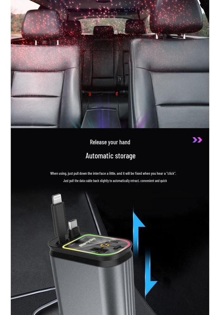 Retractable Four-in-One Car Charger with Starry Sky Light & Alloy Finish for Apple & Huawei