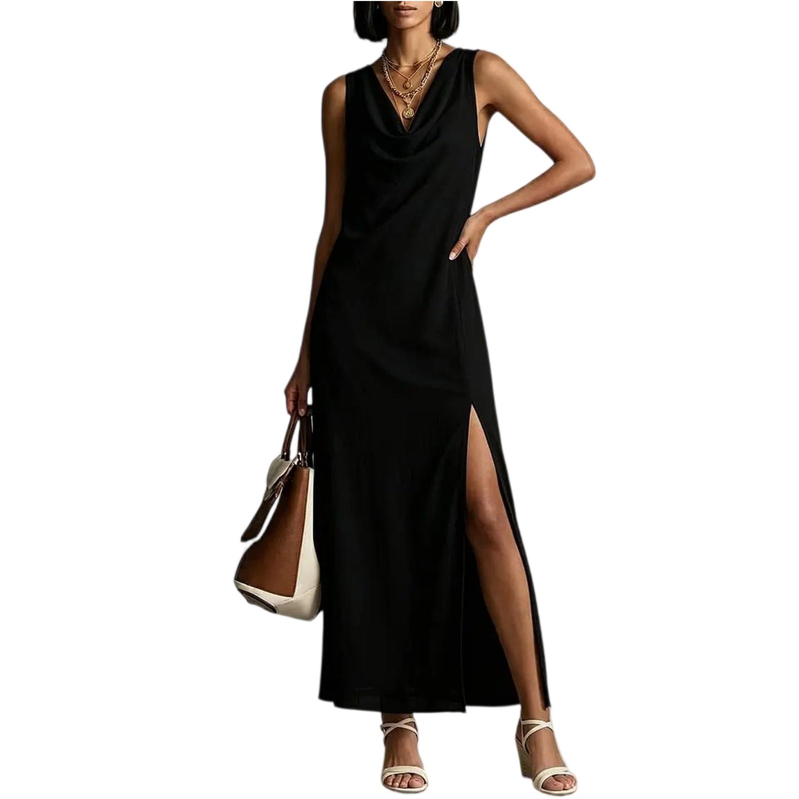 

Ladies Casual And Fashionable Slit Neckline Sleeveless Dress L чёрный