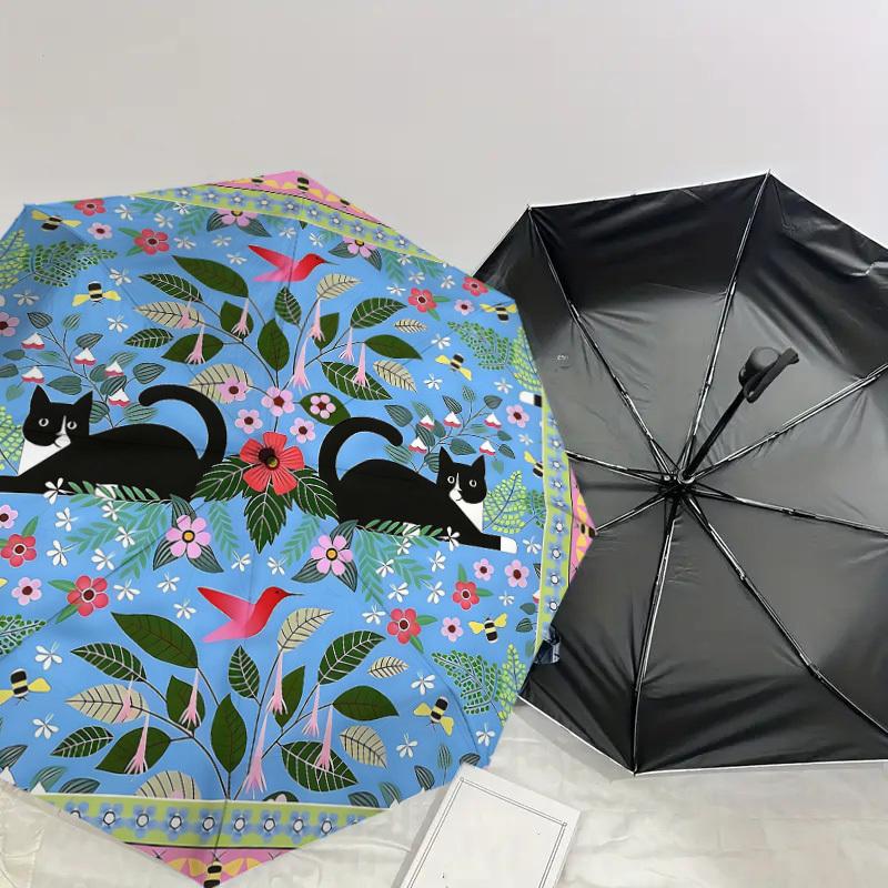 1PC Cats Flowers Umbrella-8-Rib Reinforced Portable Folding Travel Suitable for All Seasons Outdoor Daily Use Is an Ideal Choice -K0337