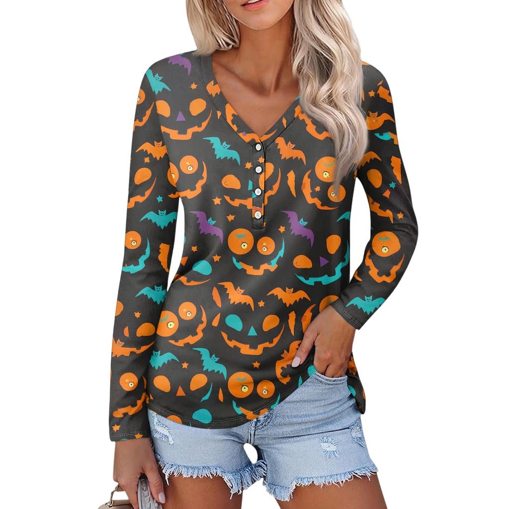 Women's Casual Fashion Sexy Comfort Halloween Printed V-Neck Button Long Sleeve