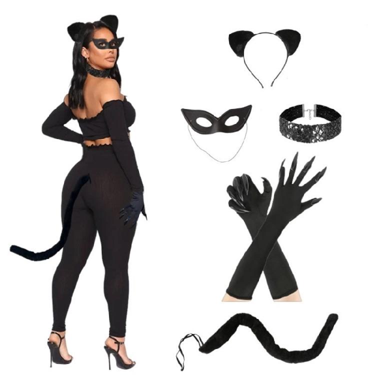 Halloween Catwomen Costume Set Cats Claw Gloves Cats Ear Headband Choker Necklace for Halloween Party Carnivals