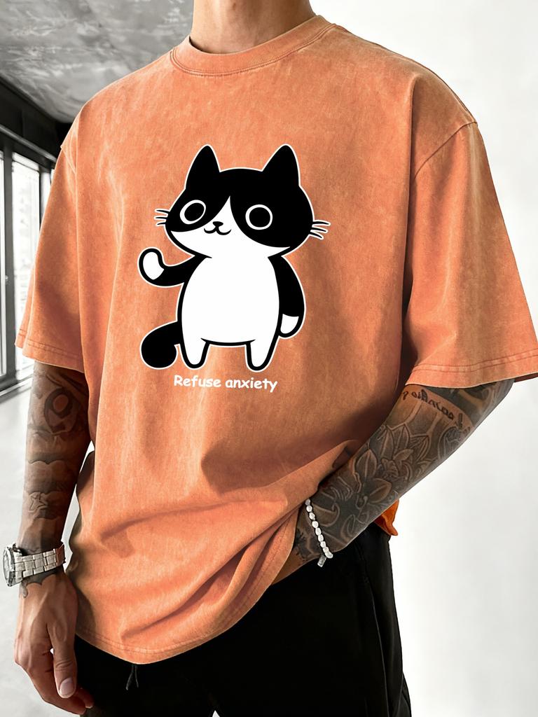 Refuse Anxiety Cartoon Cats Printed Washed T Shirt Men Summer Vacation Tops Trendy ONeck Short Sleeve Soft Cotton Casual Top
