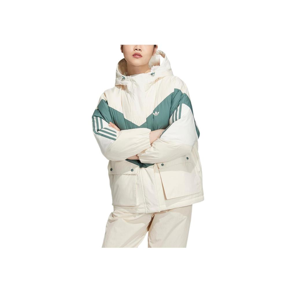 adidas Originals Trefoil Color Block Down Jacket With Hood And Brand Logo Print Women Outerwear White Green HS9518