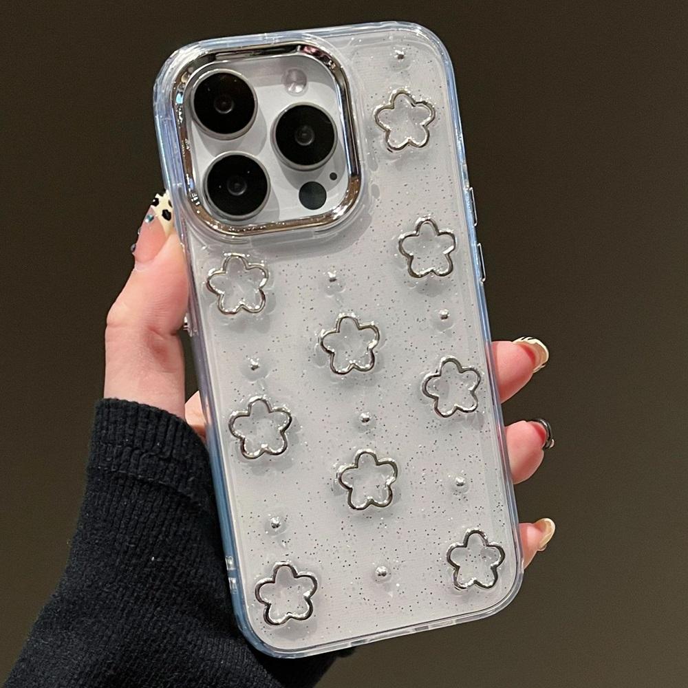 

INS Корея 3D Серебряные Цветы Бусины Чехол для Телефона Для iPhone 16 15 14 13 12 11 Pro Max Plus Блестящий Эпоксидный Девушка Прозрачный Бампер Задняя Крышка For iPhone 15