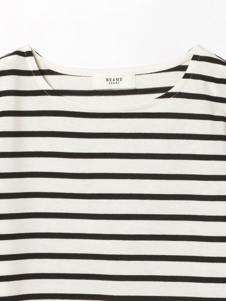 Beams Heart Tee with Tucked Sleeves and Striped Striped Off One Size S/S Pullover, Women's, White,