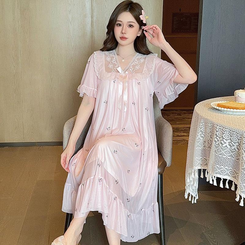 Linglei Summer Printing Color Lace Bow Mesh Court Princess Style Long Nightdress Pajamas Loungewear Women