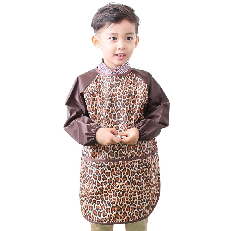 

Waterproof Kids Smock, Long Sleeve Apron, Cute Design for Lunch, Drawing, Kindergarten, and Preschool, for Boys and Girls, Ages 1-10, Brown Animal