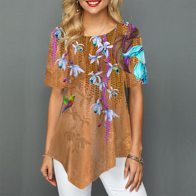 T-shirt da Donna a Manica Corta con Stampa Floreale Grafica Girocollo Top Lungo XS-8XL/Stampa 3D