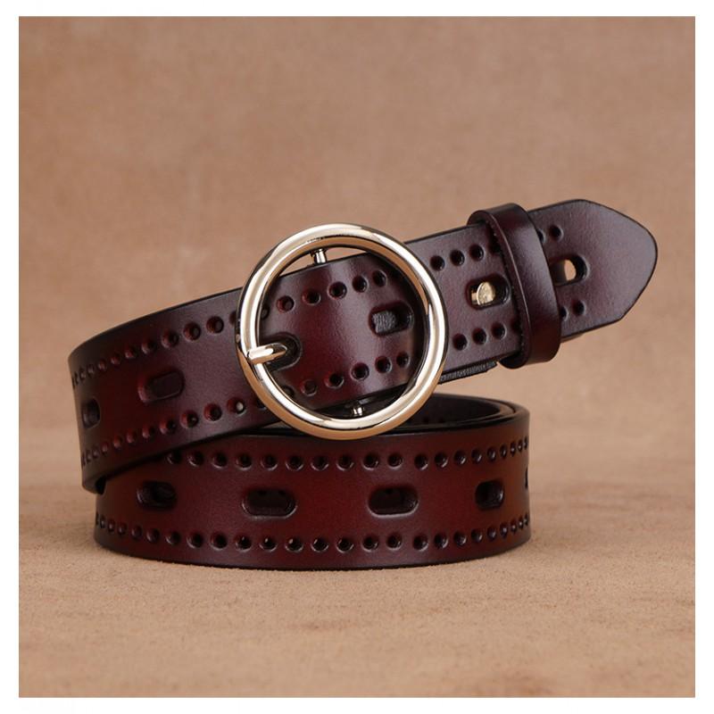 Womens Genuine Leather Belt With Cutout Design Slim Waistband Jeans Black Coffee Color Alloy Buckle 2-4cm Width
