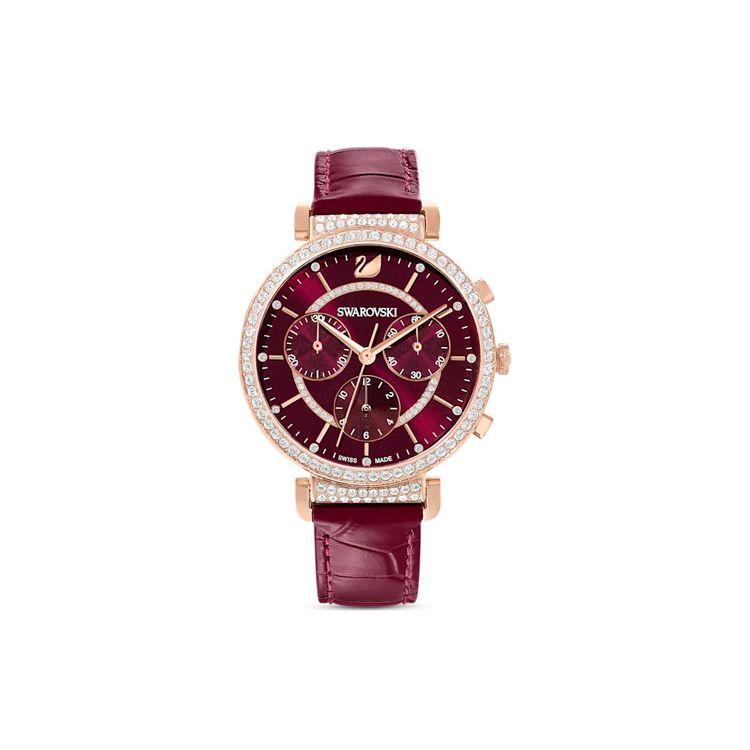 

Жіночий годинник Swarovski Passage Chrono, кварцовий механізм, шкіряний ремінець, червоний циферблат, три додаткові циферблати, безель з кристалами 5580345 Regular Watch Box,Red Watch Dial