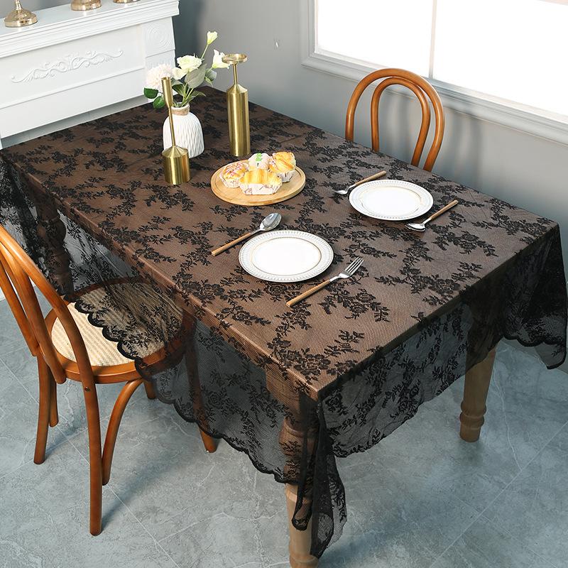 Retro Hollow Warp Knitted White Black Lace Tablecloth American Household Rectangle Dining Table Mat Cover