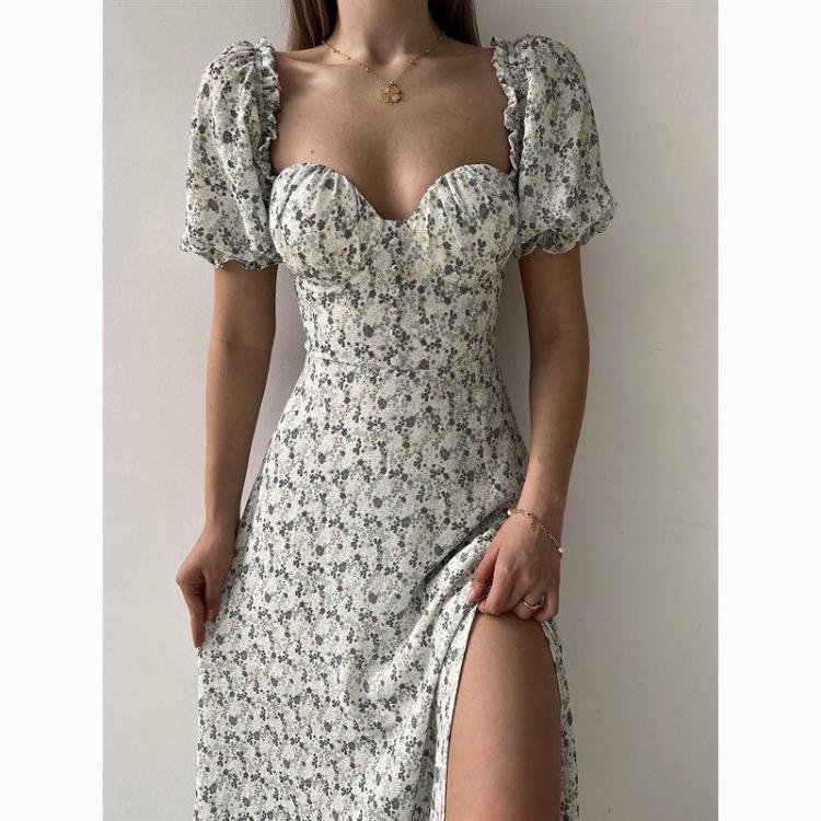 

European American Style Floral Print Mid Length Dress with Waist Cinched Small зелений