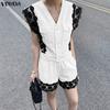 2PCS Summer Women Sleeveless Lace Splicing Tank Tops and Shorts Pants Casual Sets
