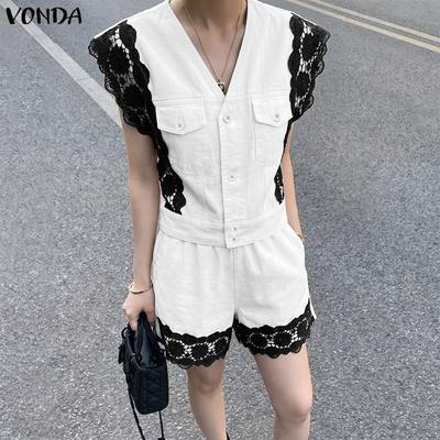 2PCS Summer Women Sleeveless Lace Splicing Tank Tops and Shorts Pants Casual Sets