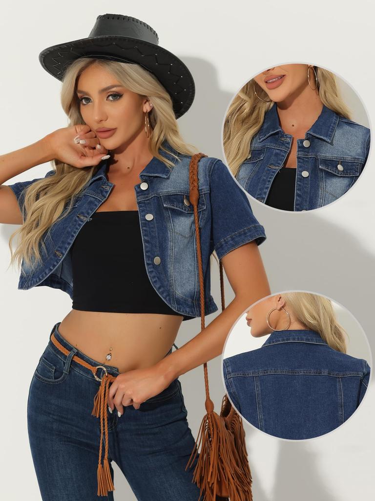 Allegra K Women's Casual Denim Jacket with Turn-Down Collar, Short Sleeves, Crop Jeans, Dark Blue, Size S