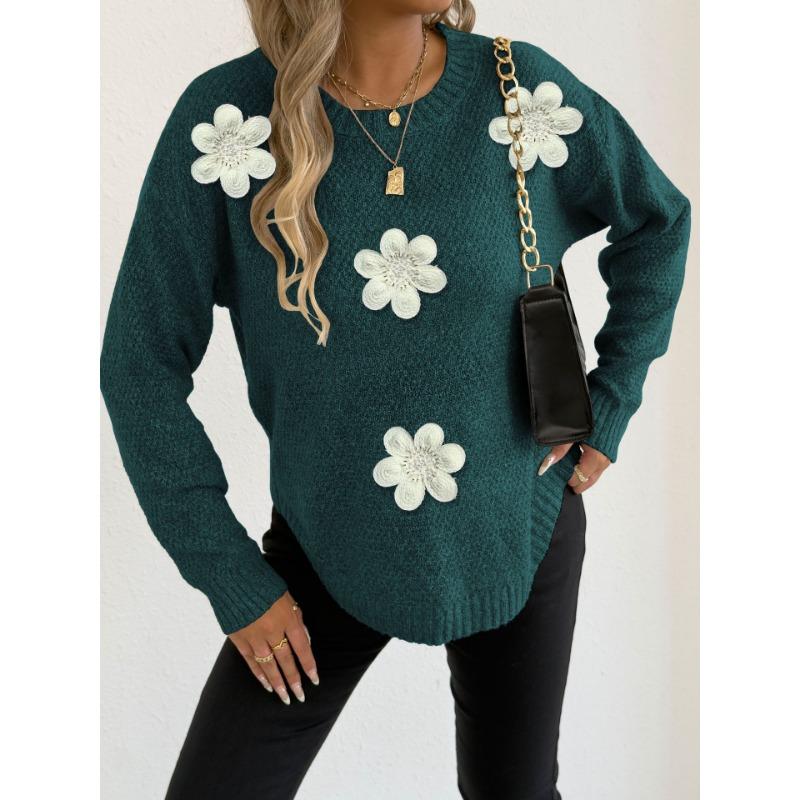 Women's Knitted Tops Women's Embroidered Beading Three-dimensional Flower Stitching Round Neck Pullover Woven Sweater