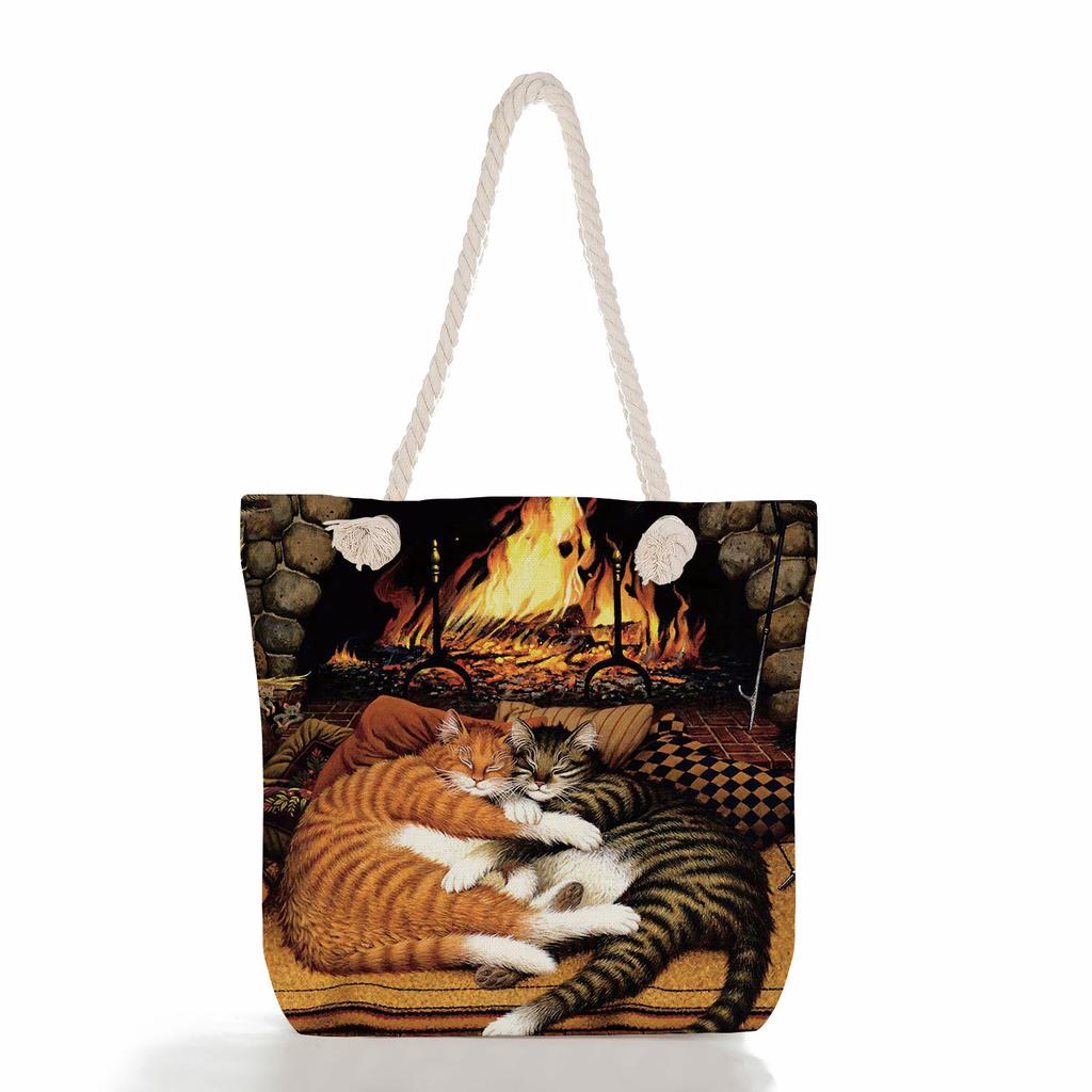 Cute Cat Print Thick Rope Single-shoulder Beach Bag 7211