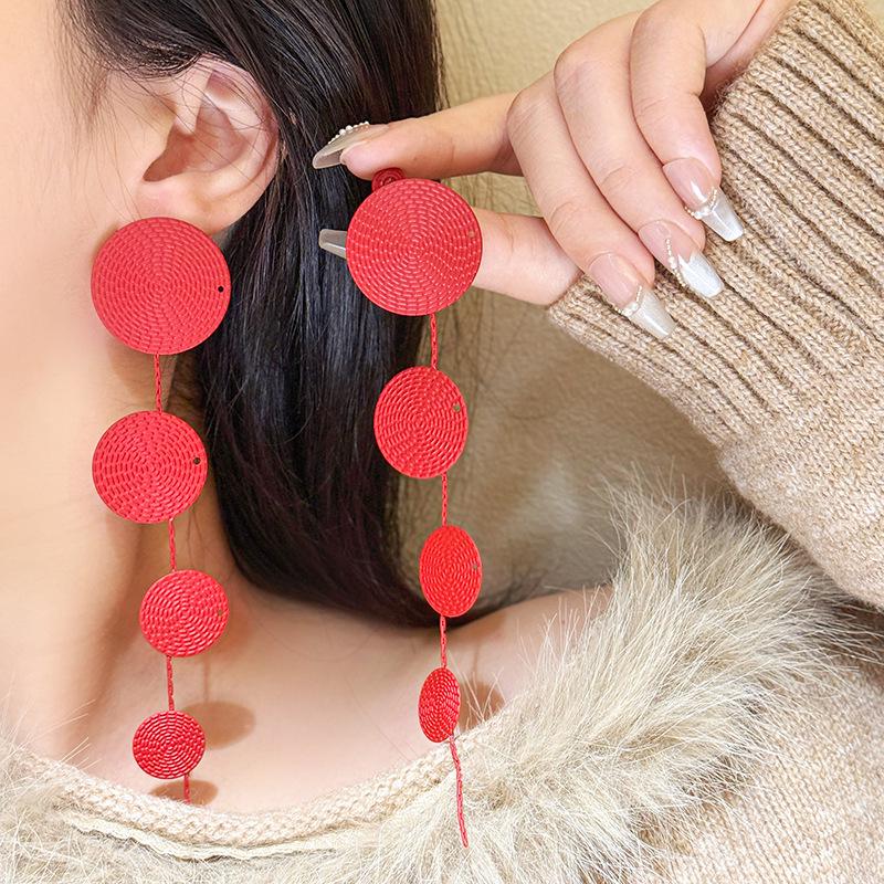 Bohemian Red Woven Round Disc Dangle Earrings for Women - Artistic Retro Ethnic Style Mosquito Coil Design.