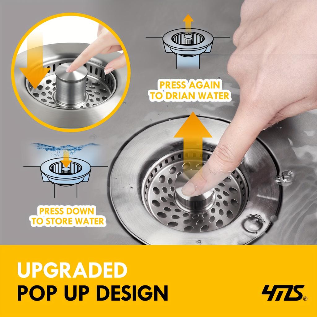 5-in-1 Stainless Steel Sink Aid - Pop-Up Drain Stopper, Food Catcher & Odor Filter with Drain Basket, Rust-Resistant Kitchen Sink Strainer