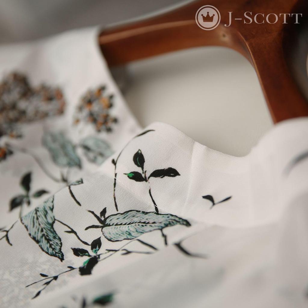 Botanical Print Chiffon Drawstring Sheer Sleeve Balloon J-Scott 3/4 Blouse, White, JS48-WH-XL