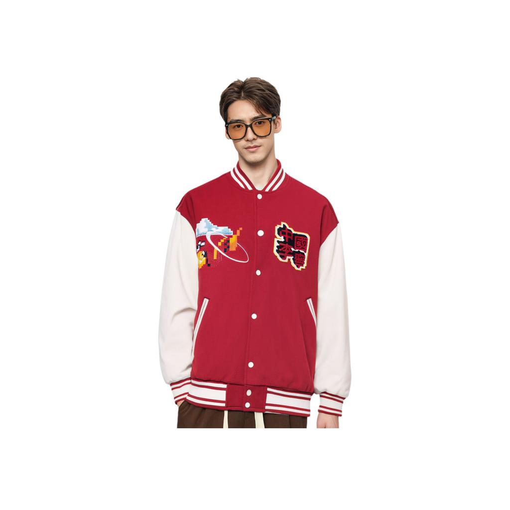 Li Ning Daily Prosperity Series Color Block Striped Single-Breasted Long Sleeve Baseball Jacket Men jackets Samba-Red White AFDU263-6