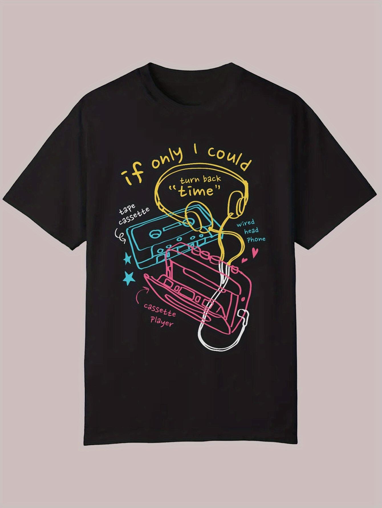 

Casual Summer T-shirt with Retro Cassette Tape Design - If Only I Could Turn Back Time Quote XXL