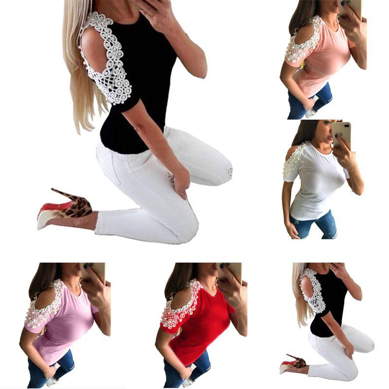 Trendy Women Short Sleeve Off Shoulder Lace Splice Blouse With Comfortable Fit