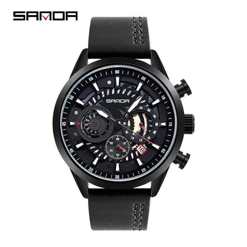 Sanda Cool Large Dial Six-Needle Waterproof Men's Watch with Genuine Leather Strap - Trendy and Fashionable Design.