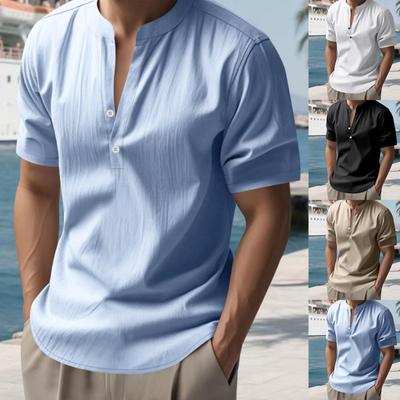 Men's Casual Loose Shirt, Men's V,neck Linen Short,sleeved Color Top