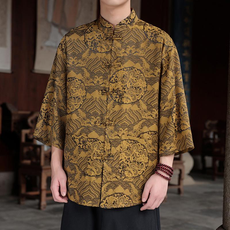 Chinese style ice silk seven-quarter-sleeved shirt men's Tang suit buckle Hanfu large size printed short-sleeved shirt ethnic style