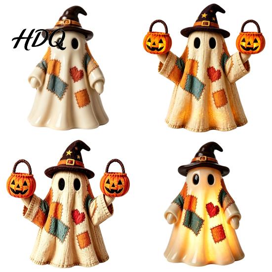 Classroom Halloween Desk Accessories Lighted Vintage Patchwork Ghost, LED Light Up Ghost with Pumpkin Lantern, Spooky Rustic Retro Home Refresh Items